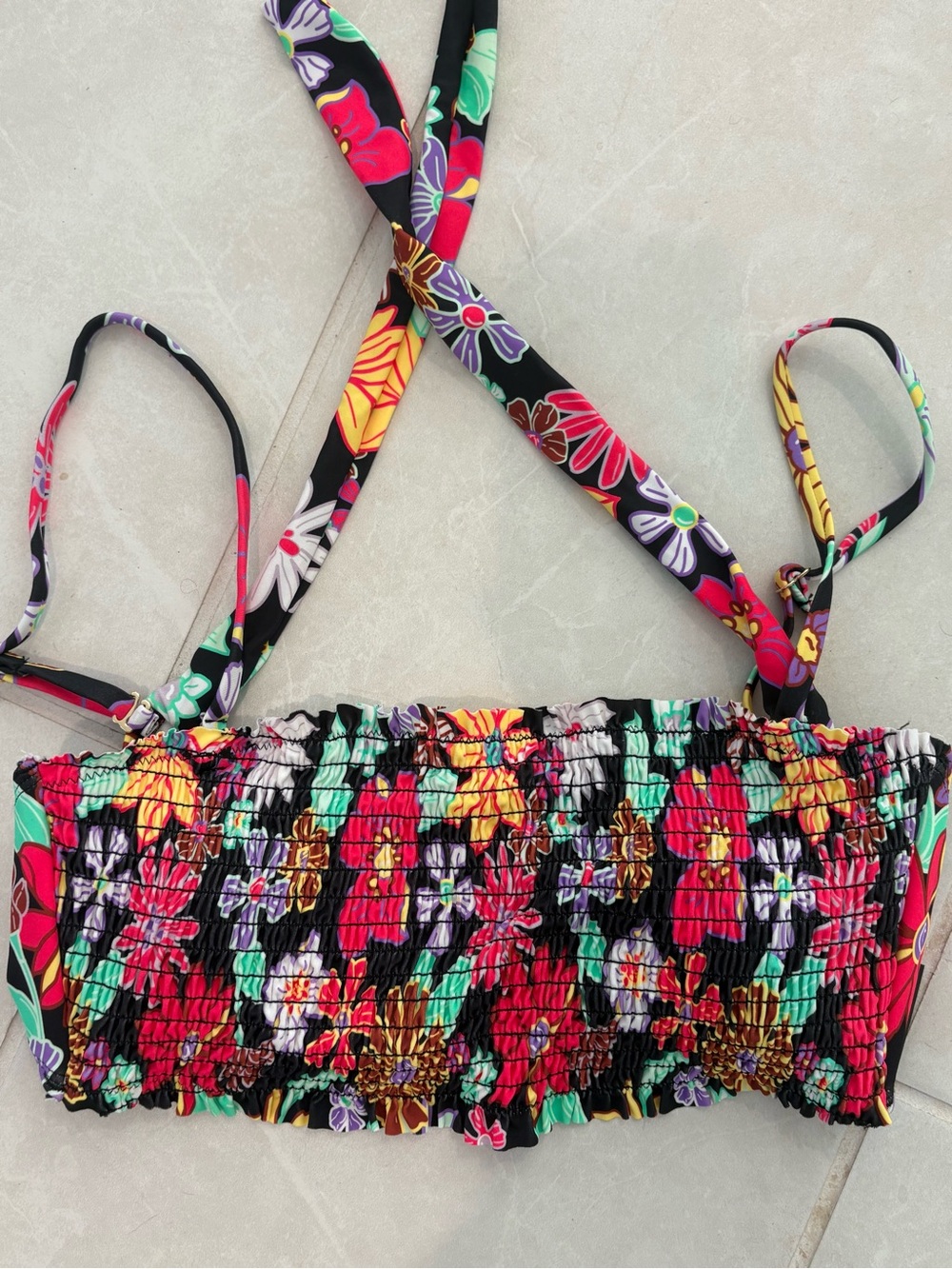 Floral Smocked Bandeau Bikini Top - Black Multi
